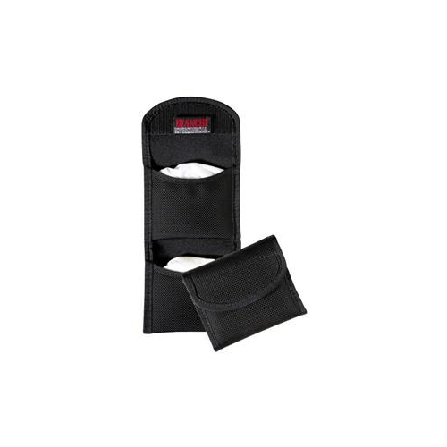 FLAT GLOVE POUCH BLK VELCRO  7328 Flat Glove Pouch Holds two pair latex gloves in separate pockets Slim and compact on the duty belt Hook and loop closure to help protect gloves Ballistic weave exterior with nylon pack cloth lining Slides on to duty belts