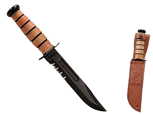 Ka-Bar Knives USMC Fixed Knife, 7" Clip-point 1093 Cro-Van Partially Serrated Blade (Leather Handle) - 1218