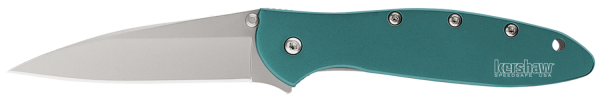 Kershaw Knives Leek Assisted Folding Knife, 3" Modified Drop-point Sandvik 14C28N Steel Plain Blade (6061-T6 Anodized Aluminum Teal Handle) - 1660TEAL
