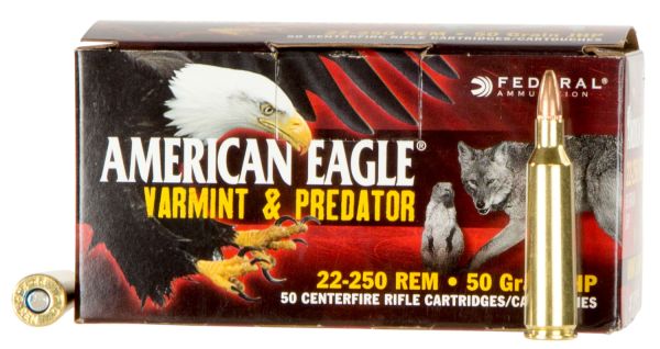 Federal Cartridge American Eagle .22-250 Remington Jacketed Hollow Point, 50 Grain (50 Rounds) - AE2225050VP