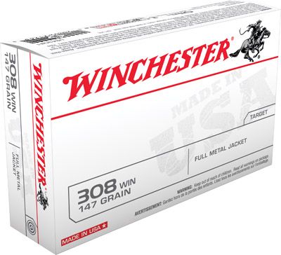 Winchester Best Value .308 Winchester/7.62 NATO Full Metal Jacket Boat Tail, 147 Grain (20 Rounds) - USA3081