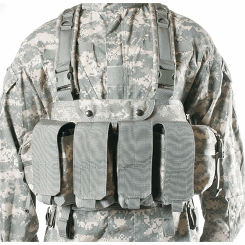 Commando Chest Harness  Commando Chest Harness Black Each of the four pockets holds up to three AK-47, M-16, or two M-1 magazines. Each pouch has a divider to prevent magazine noise and slapping when quiet movement is imperative. The two end utility pouch