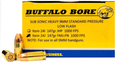 Buffalo Bore Ammunition 9mm Full Metal Jacket Flat Nose, 147 Grain (20 Rounds) - 24J/20