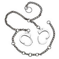 S&W 1800 Nickel Waist Chain. The Model 1800 has the Model 100 handcuff positioned at each hip allowing for either parallel arm, or cross arm handcuffing. The special 54 inch heat treated steel chain includes padlock rings for waist size adjustments.  Two