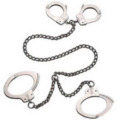 S&W 1850 Transport Restraint Model 1850 Stainless Steel Restraint chain with handcuff with Model 1 Pin lock handcuff and, Model 1900 leg iron, with a chain length between handcuffs and leg irons of 32 inchs.