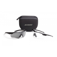 Crossbow Suppressor 2X+ (Clear, Smoke Gray, & Hi-Def Copper) - Black frames. Two fully-assembled eyeshields: (1) Hi-Def Copper lens w/Suppressor frame & (1) Clear lens w/standard Crossbow frame, plus a Smoke Gray lens. Large zippered hard case, microfiber