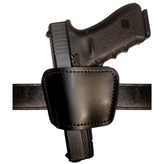 Clip on belt or pants to wear inside or outside of pants, or slide belt through belt slots. Spring steel clip is removable. Genuine leather. Suede lining helps protect gun finish. Fits belts up to 1-3/4 in. - B892-2