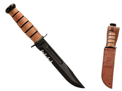 Ka-Bar Knives USMC Fixed Knife, 7" Clip-point 1093 Cro-Van Partially Serrated Blade (Leather Handle) - 1218